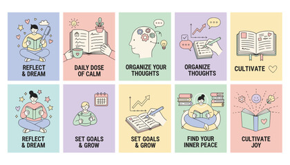 Minimalist flat vector illustration set covering selfcare goal setting reading and mental organization
