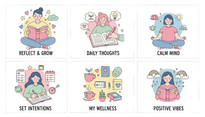 Wellness journey illustrations reflection planning meditation and mental health concepts