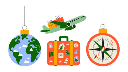 Traveling Dreams: Holiday ornaments representing travel and exploration, including a globe, airplane with presents, a suitcase, and compass, hanging against a clean backdrop.  