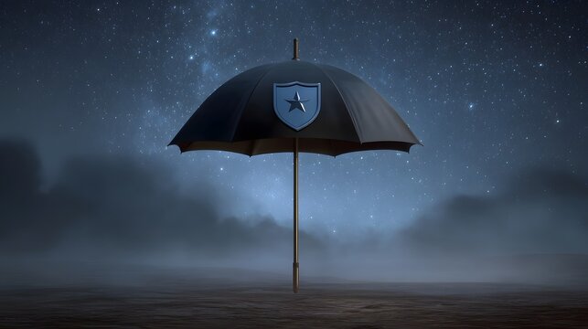 A protective umbrella with a shield emblem stands under a starry foggy night sky