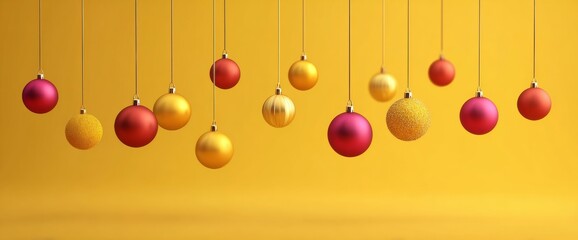 Bright red and gold ornaments dangle from thin strings against a cheerful yellow background, adding a festive feel to any holiday celebration and winter decor