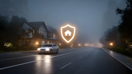 Fototapeta premium Car and house icon within a glowing shield on a foggy twilight road symbolizing security and protection