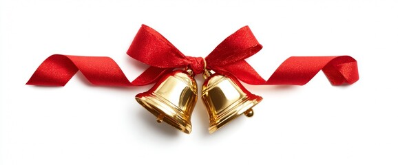 Two shiny golden bells are tied together with a bright red ribbon. This festive decoration symbolizes joy and celebration during various holidays and special events