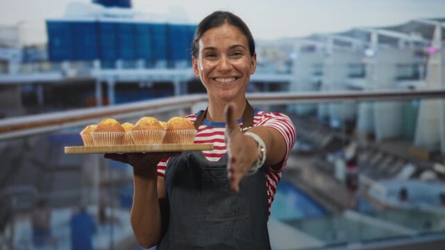 Woman in apron holds wooden tray of muffins and extends hand for handshake in a building atrium, smiling and offering pastry; hospitality.