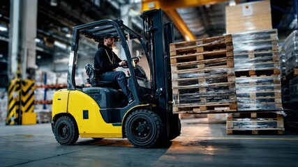 Yellow forklift operator maneuvers a wooden pallet in a dim warehouse with stacked crates awaiting!! - Powered by Adobe