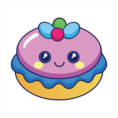 Cute Kawaii Cake Character Vector Illustration. Sweet Cartoon Dessert with Smiling Face, Frosting, and Berries