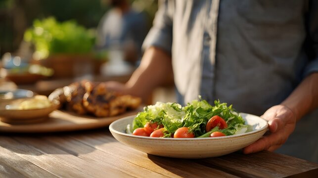 Outdoor summer dining a sunlit bowl of fresh green salad with cherry tomatoes is presented on a rustic wooden table with grilled chicken in the - Powered by Adobe