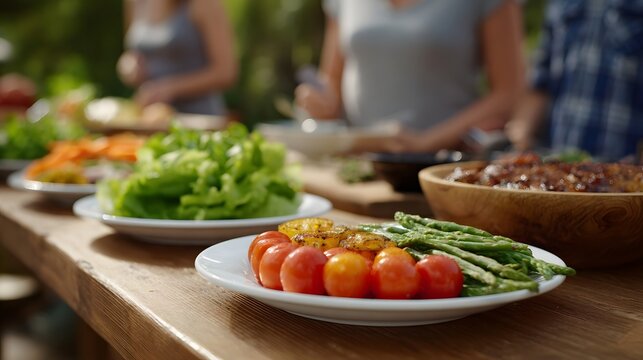 Outdoor healthy meal featuring fresh vegetables grilled pine  and asparagus served on a rustic wooden table with people in the background
