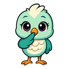 A charming little turquoise bird is thinking