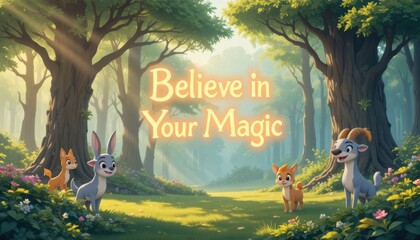 Whimsical forest scene with friendly cartoon animals encouraging belief in inner magic, bathed in soft, sunlit dappled light inspiring wonder and dreams.