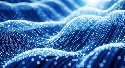Abstract blue wavy lines with glowing particles, representing data flow or digital waves in a futuristic concept