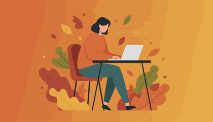 Woman working remotely on laptop amidst colorful autumn leaves Freelance and seasonal technology