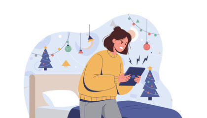 Angry woman struggles with failing technology tablet during holiday season stress
