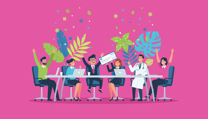 Celebrating diverse team achievement professionals and doctor hold big check in vibrant meeting