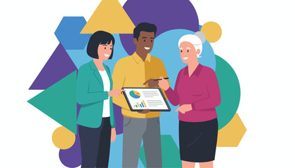 Diverse business team reviewing data charts on a tablet symbolizing collaboration and strategy