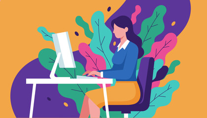 Professional woman working on a desktop computer in a vibrant stylized abstract workplace environment