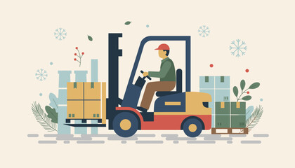 Worker driving forklift transporting packages during winter holidays Logistics illustration