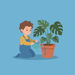 Happy boy watering a potted Monstera plant with a watering can Responsibility and gardening concept