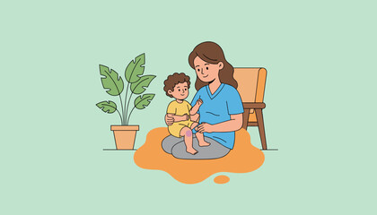 Loving mother comforting her toddler with a scraped knee Parental care and childhood first aid