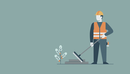 Professional construction worker in safety gear installing pavement Flat vector illustration