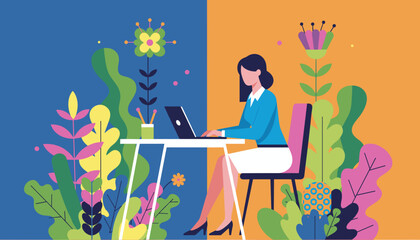 Woman working on a laptop at a desk surrounded by vibrant stylized nature remote work or creative process