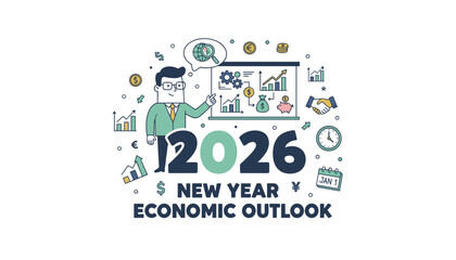 2026 New Year Economic Outlook Business professional presenting growth finance and investment data
