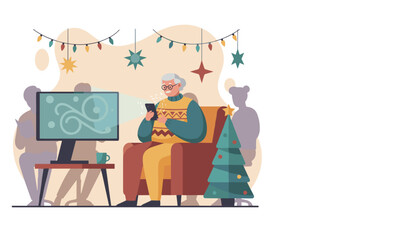 Senior woman using a smartphone in a festive living room decorated for Christmas