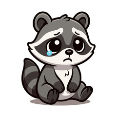 A sad cartoon raccoon sits alone, weeping