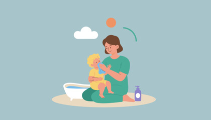 Mother gently cleans toddlers face during daily care routine Bathtime parenting and hygiene