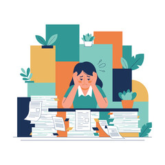 Stressed woman overwhelmed by excessive paperwork Work burnout and deadline pressure illustration