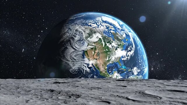 Earth rising over lunar surface with stars and sunlight in the background - Powered by Adobe