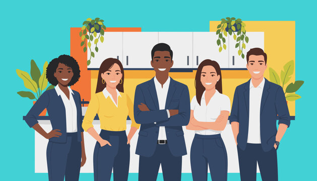 Group of diverse smiling business professionals standing together in a modern office environment - Powered by Adobe