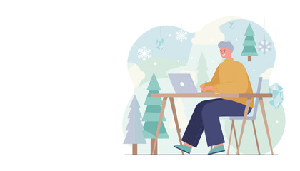 Happy man using laptop working remotely in a cozy winter landscape illustration Digital nomad during holidays