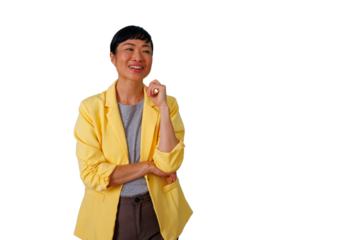 Asian businesswoman thinking and smiling, finding solution, contemplating new idea in yellow blazer, transparent background