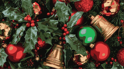 Christmas tree background with garland of holly berries. Christmas bells. Isolated festive frame. Celebration vector background.