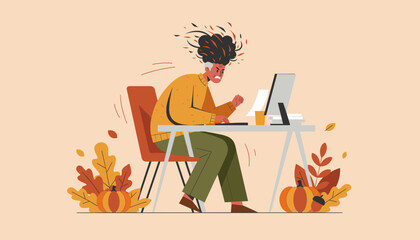 Extreme work stress and burnout Angry person working on computer with autumn decor