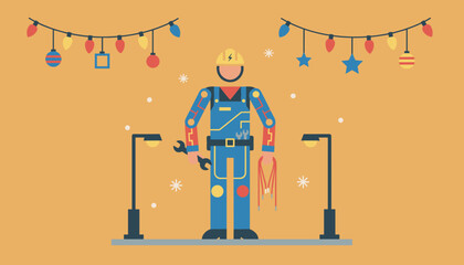 Industrial worker servicing festive holiday lights Maintenance repair and essential winter service concept