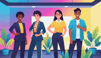 Confident diverse business team posing in a colorful modern office Teamwork and success concept