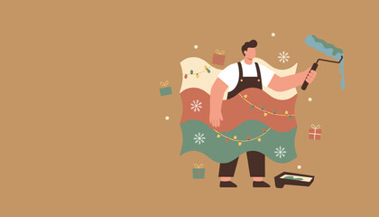 DIY painter man preparing for Christmas surrounded by gifts snowflakes and lights Festive renovation