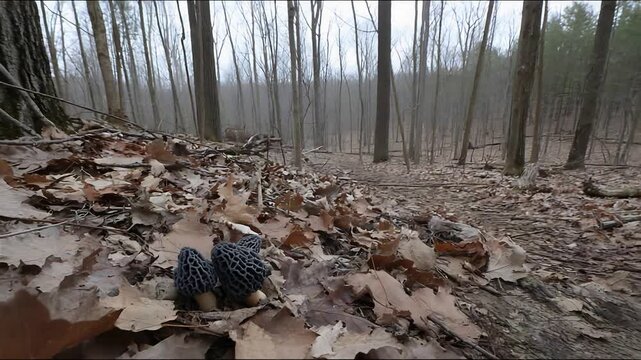 Wild Morel Mushrooms Growing on Forest Floor Among Fallen Leaves in Tranquil Early Spring Woods.
