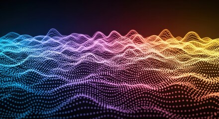 Dynamic digital wave of glowing particles flows with vibrant gradient colors, evoking innovation and data visualization in a modern abstract landscape.
