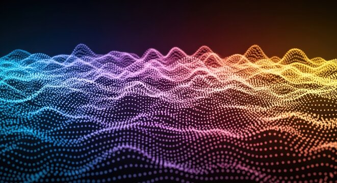 Dynamic digital wave of glowing particles flows with vibrant gradient colors, evoking innovation and data visualization in a modern abstract landscape.