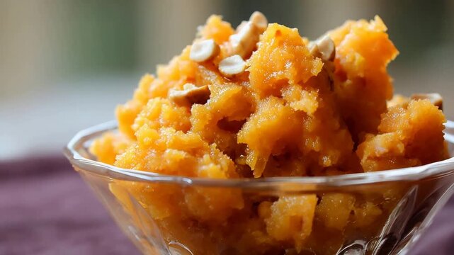 Close up of Sweet Gajar Ka Halwa Dessert in a Glass Bowl with Nuts.