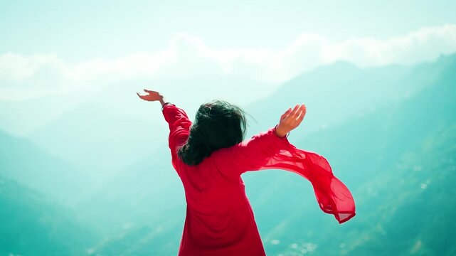 Young Indian woman Raising hands and enjoying scenic view of Himalaya mountains in Kullu, Himachal Pradesh, India. Indian woman wearing traditional dress, red salwar suite, dupatta fluttering in wind