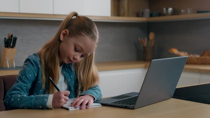 Caucasian daughter child kid girl schoolgirl pupil listen tutor online lesson course school distant learning class remote teacher writing at home kitchen studying with laptop video call e-learning - Powered by Adobe