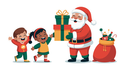Santa's Gift Giving Moment: Illustrative moment of Christmas with santa claus. Two kids excited, taking gift boxes and the christmas sack.