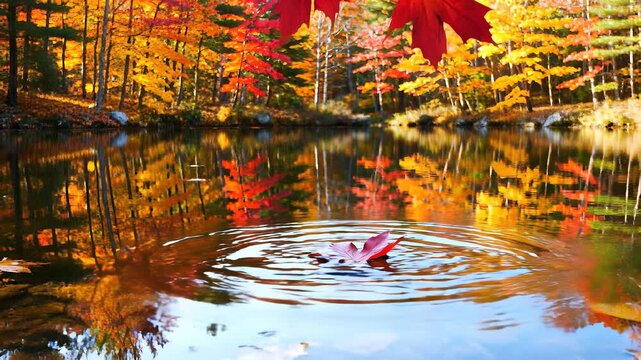 A serene red leaf floating on the surface of a tranquil pond amidst surrounding trees with fiery foliage, perfectly capturing the idyllic concept of colorful autumnal scenery.