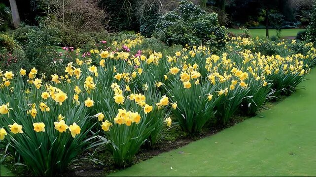 Vibrant yellow daffodils bloom row by row in a lush spring garden.