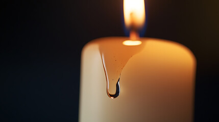 Close-up shot of a wax candle burning against a dark background. Features a melting drip of wax about to fall. Candlelight casts a warm glow, providing a serene atmosphere.