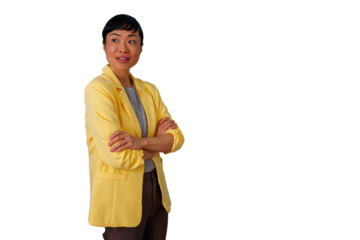 Asian businesswoman looking away with arms crossed, portraying confidence, professionalism, and leadership on transparent background